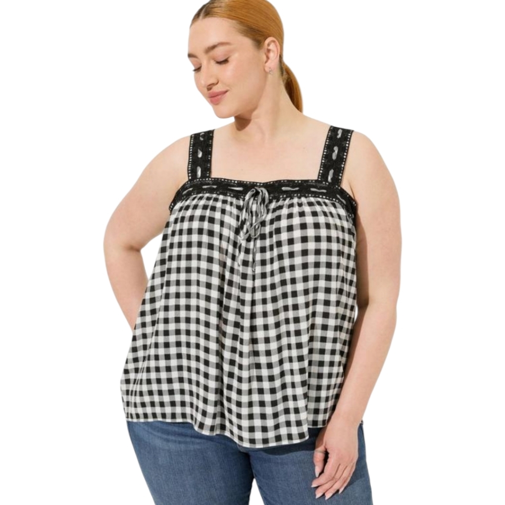 Torrid Gingham Embroidered Crinkle Chiffon Crochet Lace Trim Tank Size 2X